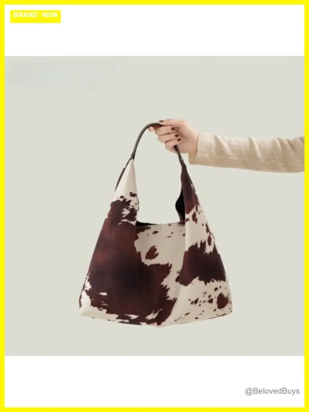 Suede Brown Cow Print Hobo Tote Bag Large Capacity Fall Purse